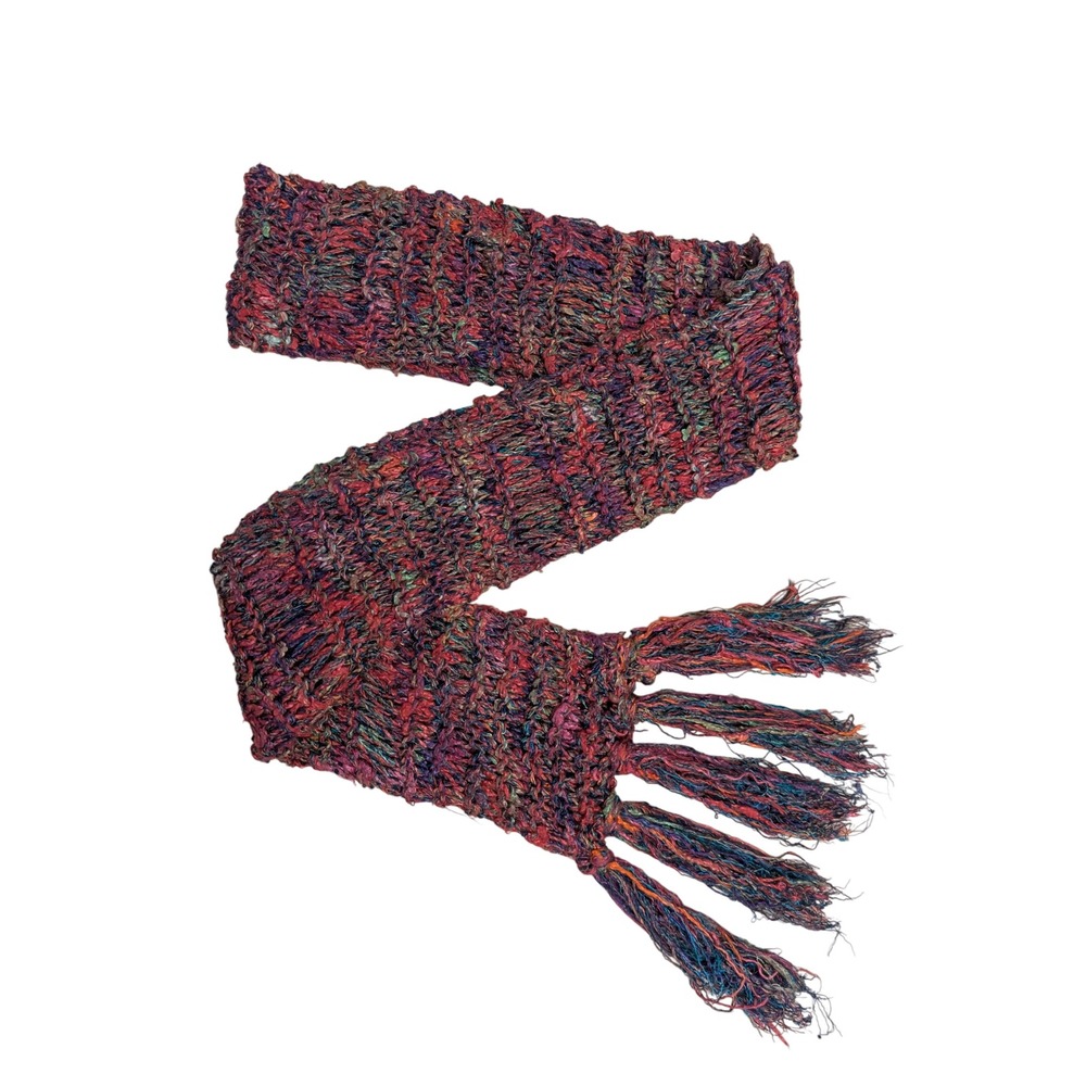 Hand Knit Multicolor Fringe Scarf Boho Open Weave Boho Hipster Hippie City Fall